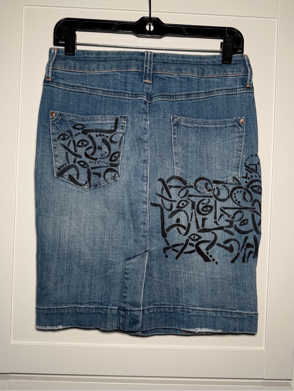 Pilcro and the Letterpress Anthropologie Denim Graffiti Distressed Jean Skirt
